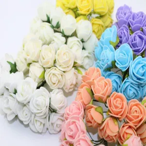 2CM 144pcs Multicolor PE Rose Foam Mini Artificial Silk Flowers Bouquet Solid Color Wedding Decorative Flowers Wreaths Gift 6Z