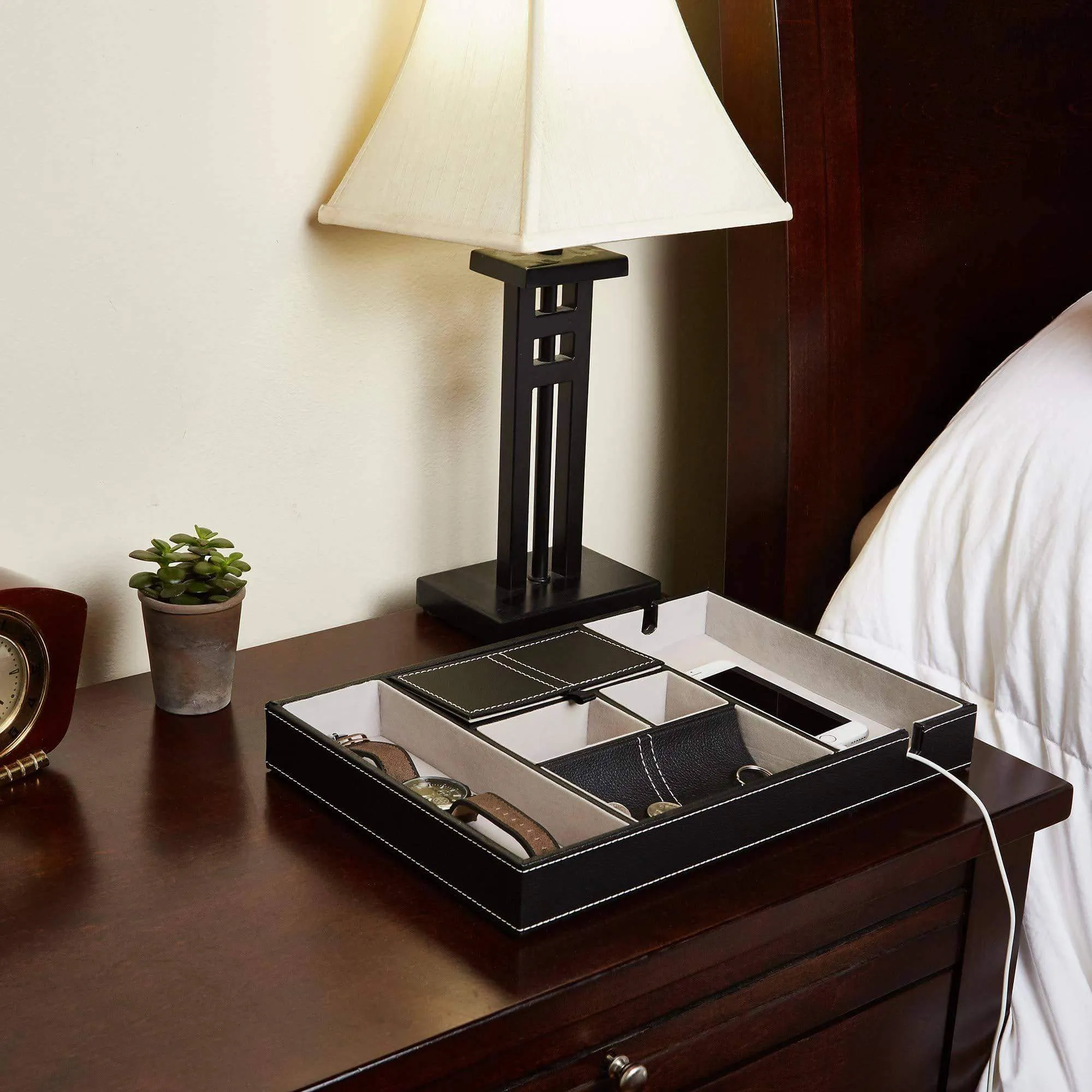 Bedside Tray Organizer - Nightstand Storage Phone/Wallet/Electronics/Charging/Keys/Books/Glasses - Desk/Table/Dresser Caddy - Control Bedside Organizers - Men/Women Smartphone/Jewelry Compartment
