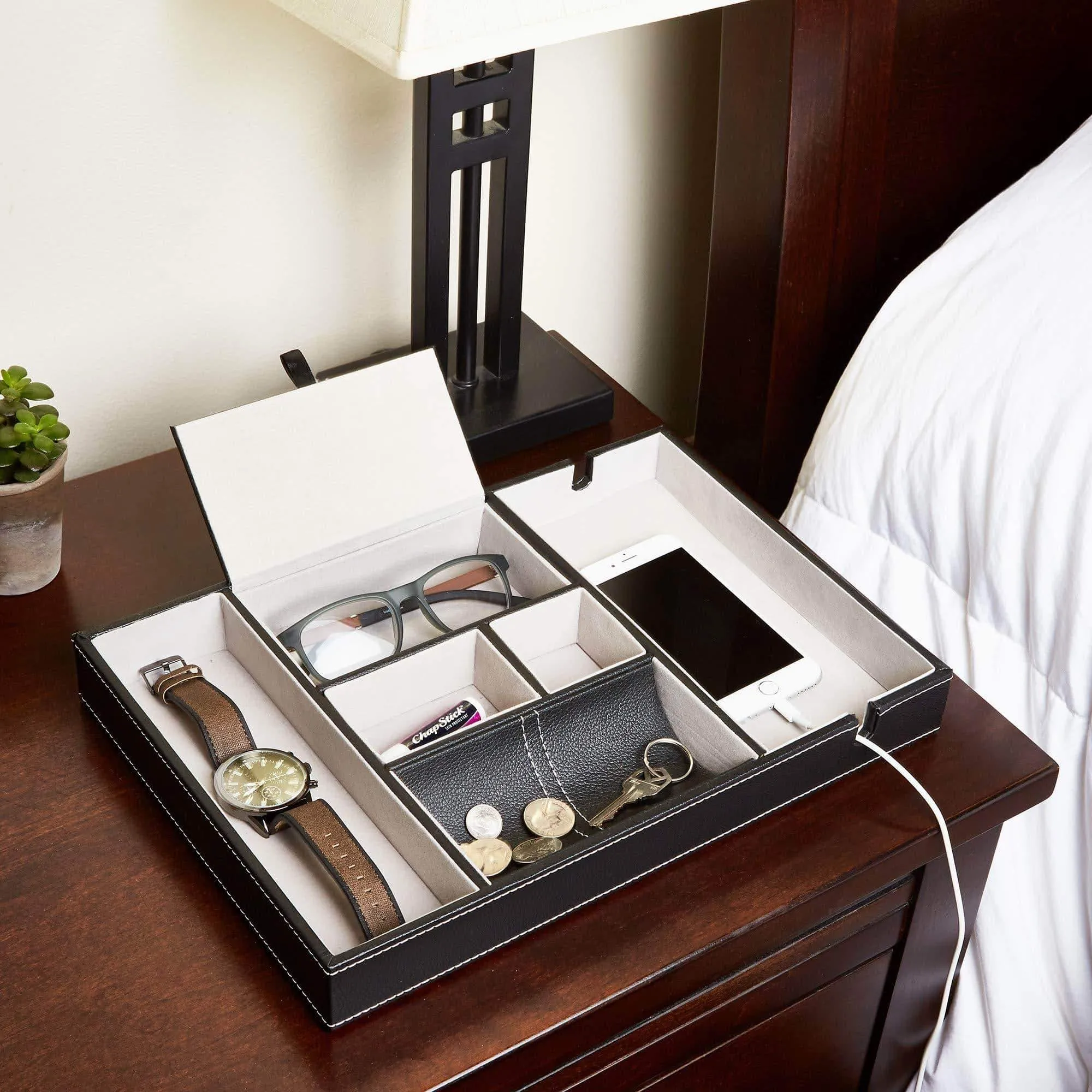 Bedside Tray Organizer - Nightstand Storage Phone/Wallet/Electronics/Charging/Keys/Books/Glasses - Desk/Table/Dresser Caddy - Control Bedside Organizers - Men/Women Smartphone/Jewelry Compartment