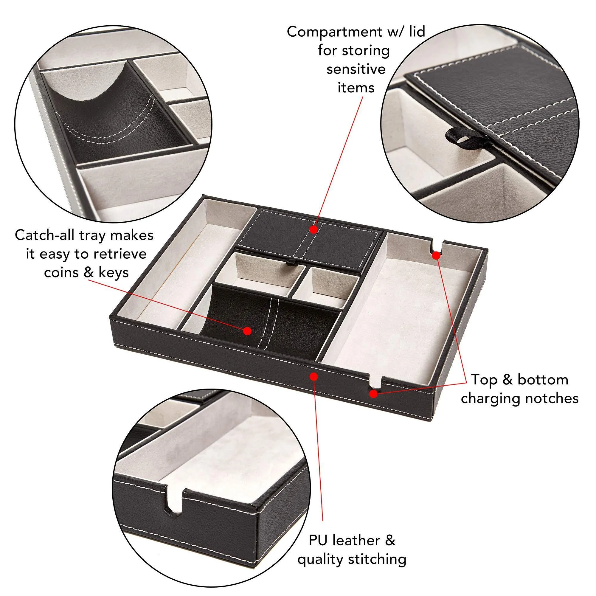 Bedside Tray Organizer - Nightstand Storage Phone/Wallet/Electronics/Charging/Keys/Books/Glasses - Desk/Table/Dresser Caddy - Control Bedside Organizers - Men/Women Smartphone/Jewelry Compartment