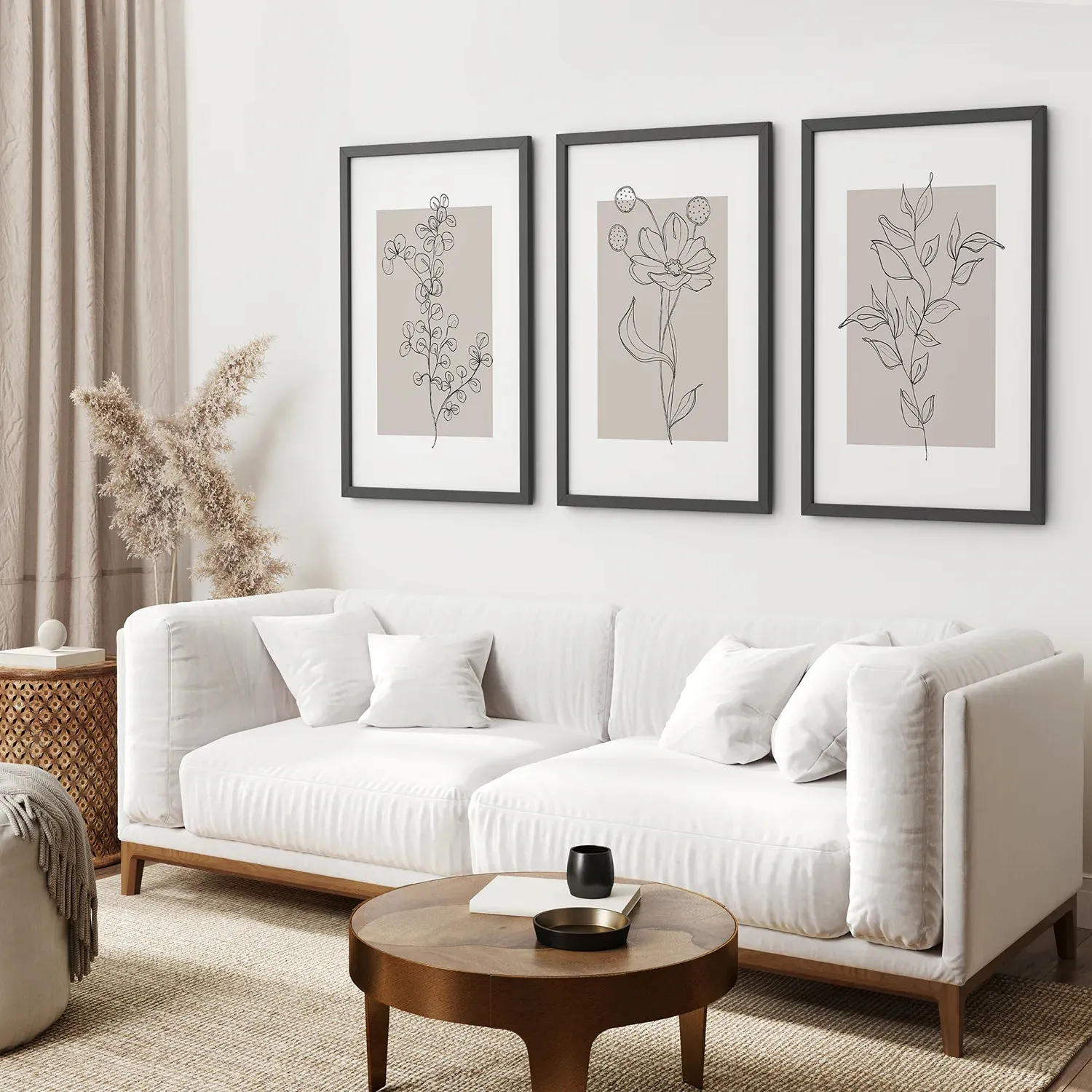 Pastel Botanical Wall Art Set of 3 Pieces. Gray and Beige