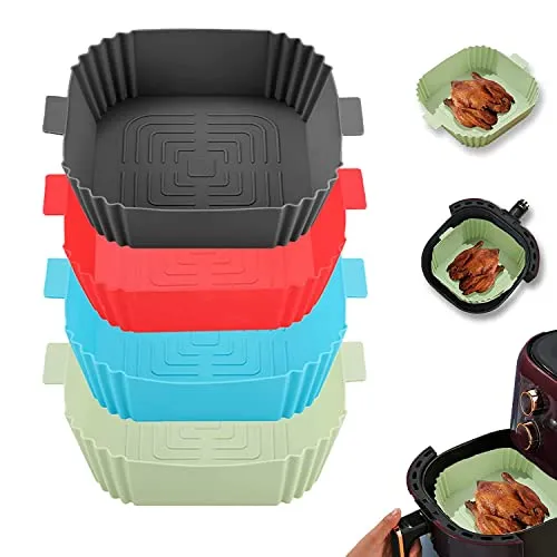 SZONZ Silicone air Fryer Basket Air Fryer Silicone Pots Non-Stick Air Fryer Liners with Ear Handles Reusable AirFryer Silicone Basket Parchment Pot Paper Multicolor (Square, Pack of 3)