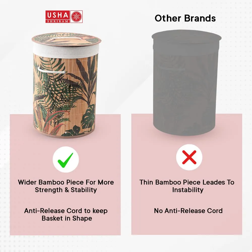 USHA SHRIRAM Foldable Bamboo Laundry Basket With Lid | Sustainable & Eco-Friendly | Travel Essential | Printed Laundry Basket | Easy To Carry | Color Natural (60 L) (2 Pcs, Cylinderical)